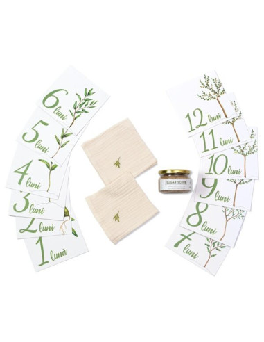 Gift box pentru mamă și bebeluș: cadou cu scrub, lavete, cartonașe