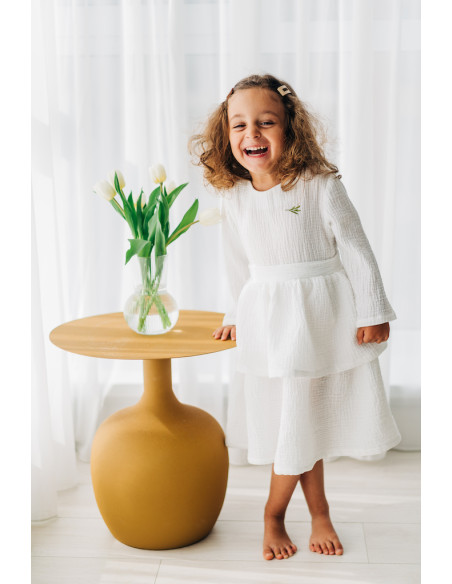 Rochie botez din muselină albă cu volane